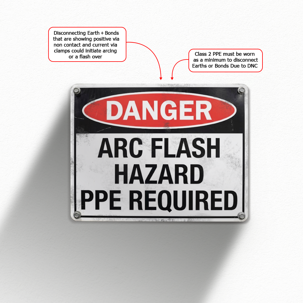 Danger sign warning of arc flash hazard and PPE requirement, with notes on the risk of arcing when disconnecting earths or bonds showing current, and the minimum Class 2 PPE required.