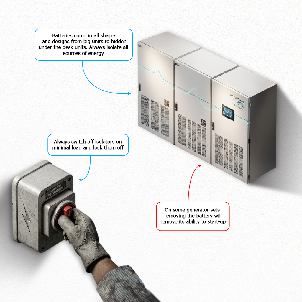 Diagram of a battery energy storage system (BESS) with a worker switching off an isolator, showing guidance to isolate all energy sources under minimal load and lock them off.