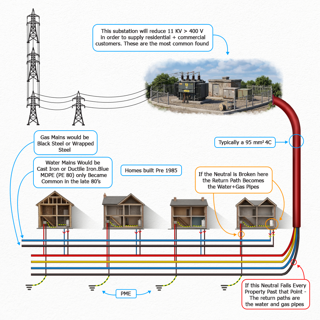 Diagram of an 11kV to 400V substation supplying pre-1985 homes with steel gas and cast iron water mains, showing how a broken neutral makes the water and gas pipes the return path under a PME system.