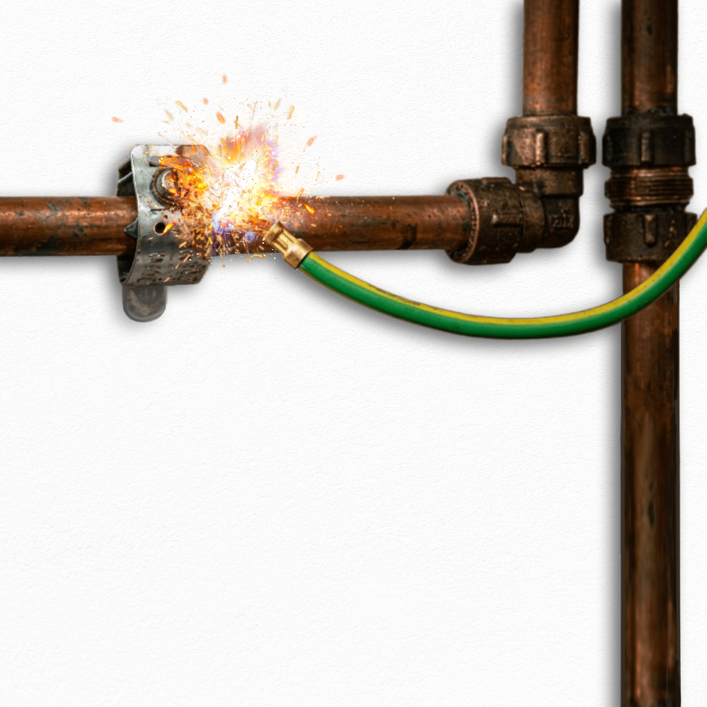 Close-up of sparks and arcing at an earth bonding clamp connected to copper pipework with a green and yellow earth cable.