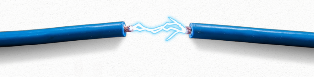 Close-up of two severed blue electrical cables with a bright electrical arc jumping between the exposed copper conductors.