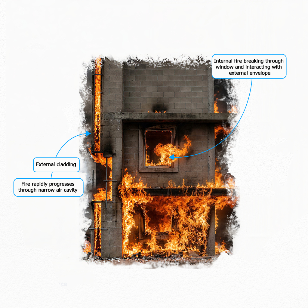 Cutaway illustration of a building fire showing internal fire breaking through a window into the external cladding cavity, with flames rapidly spreading through the narrow air gap.