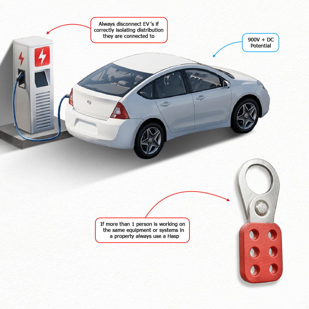 Diagram of an EV charging point connected to a car, showing 900V+ DC potential, the need to disconnect EVs when isolating distribution, and use of a lockout hasp for multiple workers.
