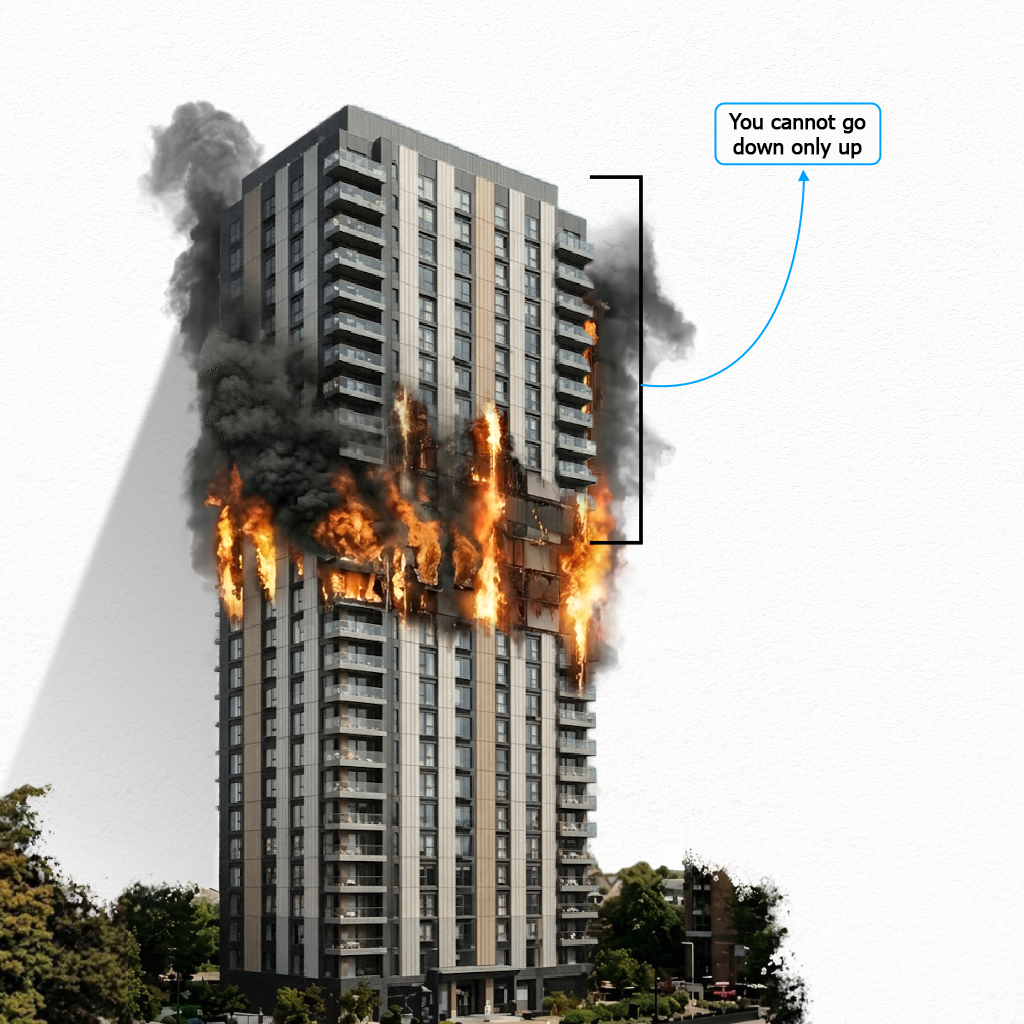 Cutaway illustration of a building fire showing internal fire breaking through a window into the external cladding cavity, with flames rapidly spreading through the narrow air gap.