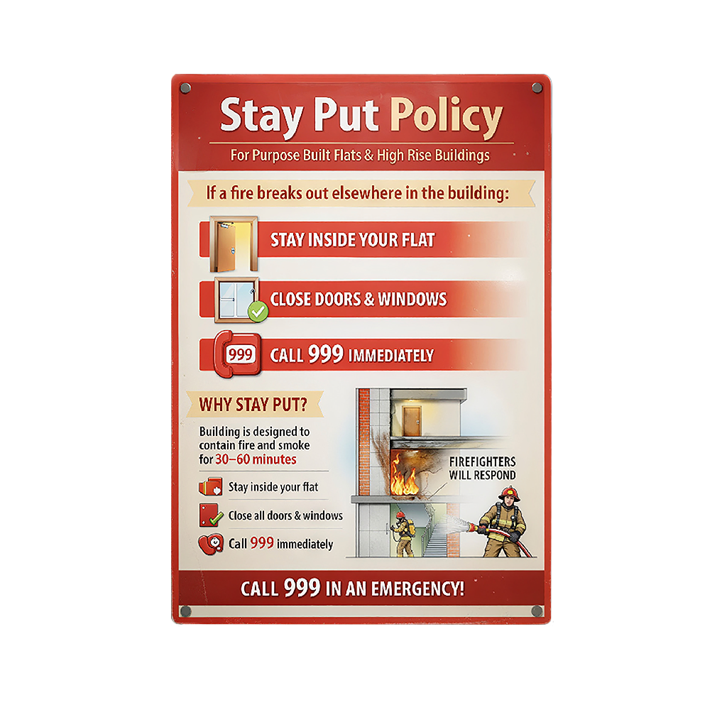 Stay Put Policy poster for purpose-built flats and high-rise buildings, instructing residents to stay inside their flat, close doors and windows, and call 999 if a fire breaks out elsewhere in the building.